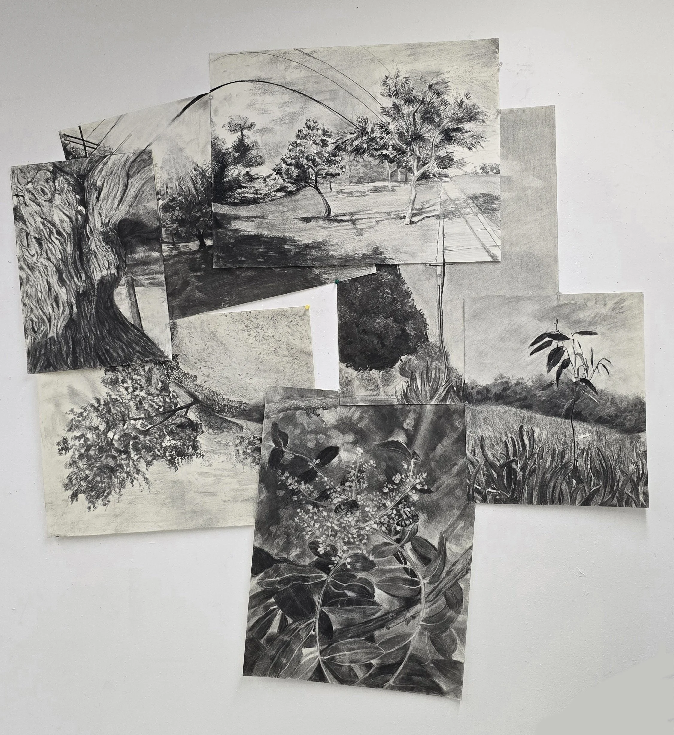 "fabricated escape" 2025, 54" x 52" (five 18" x 24" mixed media panels), vine charcoal and graphite