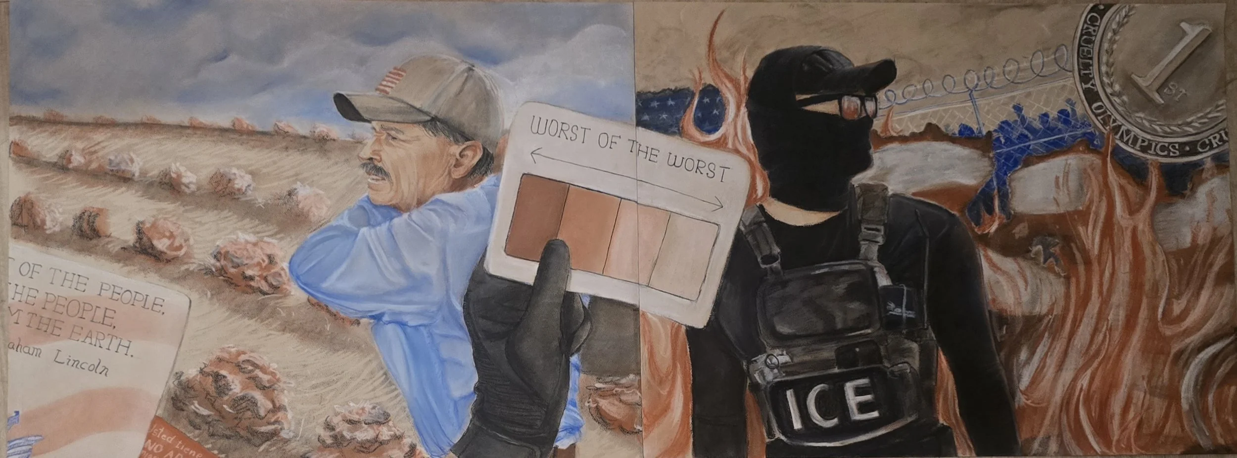 "Worst of the Worst" 2025, two 18" x 24 mixed media papers, pastel, graphite, conte