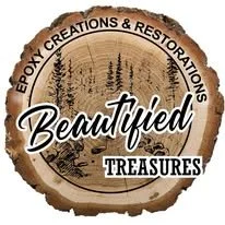 Logo of Epoxy Creations & Restorations featuring a wooden log cross-section with trees and scenic landscape, with the text 'Beautiful Treasures'.