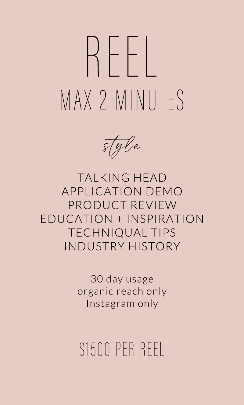 A promotional flyer for a social media reel service, offering up to 2-minute reels with various styles and usage details, priced at $1500 each.