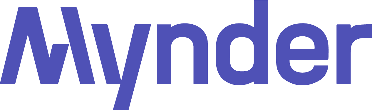 Logoen til Mynder i blå bokstaver, med en stilisert stor «M» bestående av skrånende linjer. Logoen står mot en hvit bakgrunn.