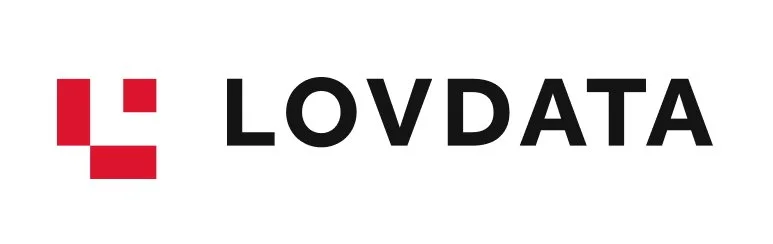 Lovdata‑logo med rød, kvadratisk pikselgrafikk til venstre og navnet «LOVDATA» i svarte blokkbokstaver på hvit bakgrunn.