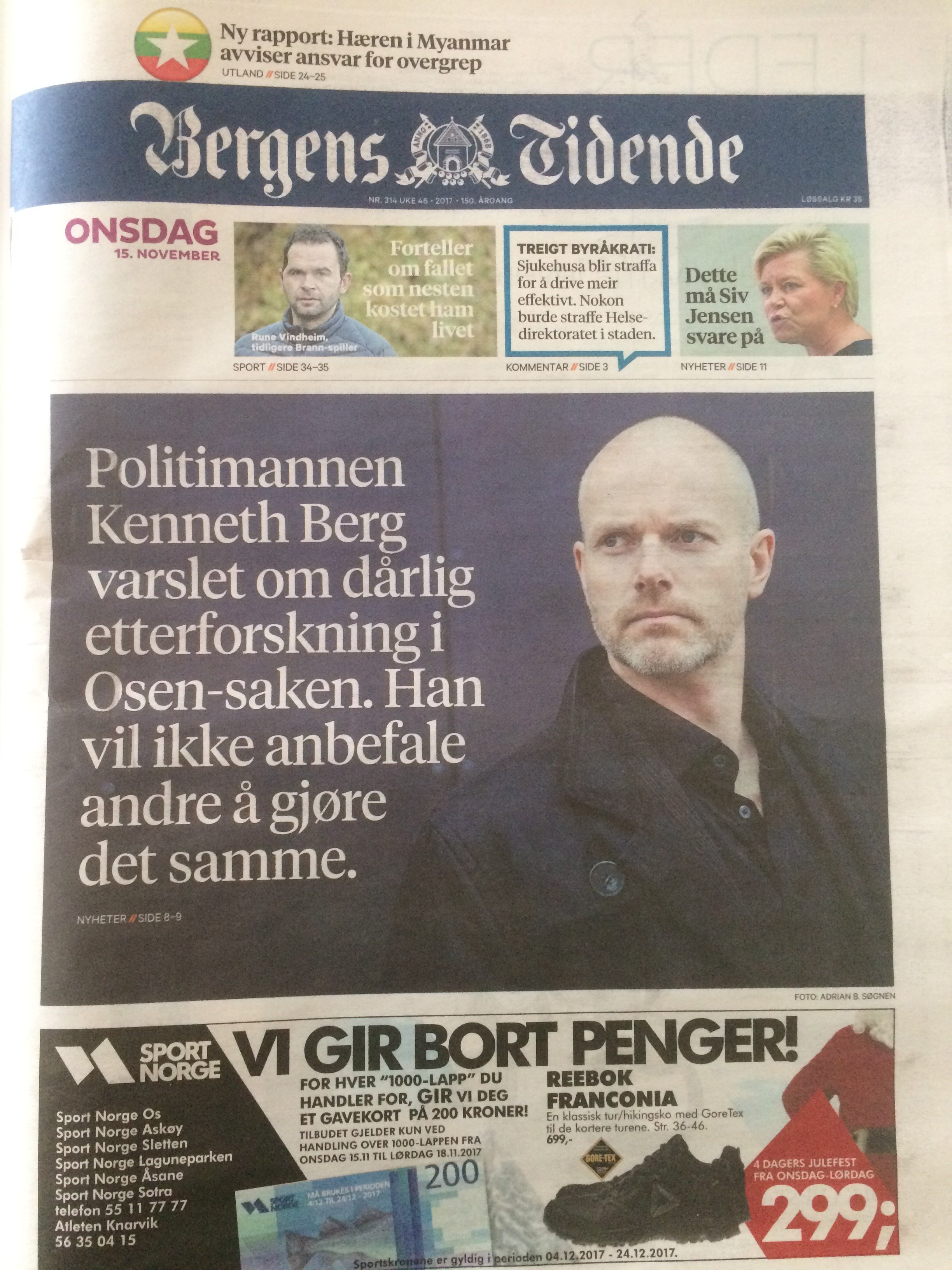 Forsiden av Bergens Tidende med stort oppslag om varsling i Osen saken. Overskriften lyder: «Politimannen Kenneth Berg varslet om dårlig etterforskning i Osen-saken. Han vil ikke anbefale andre å gjøre det samme.»