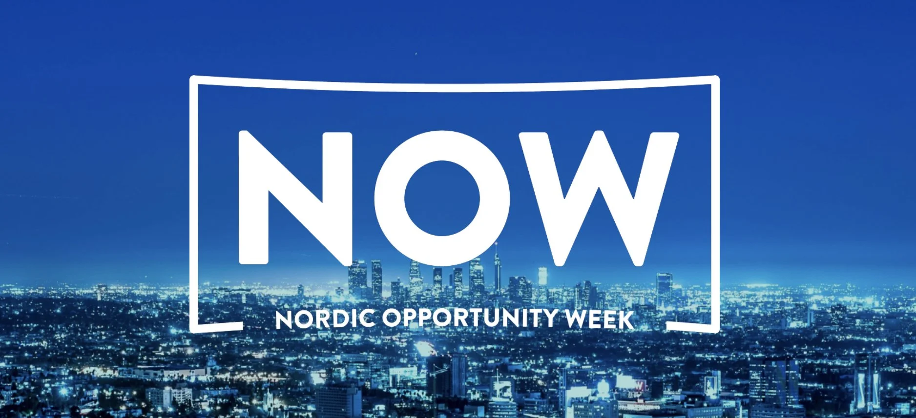 NOW – Nordic Opportunity Week, hvit logo mot nattlig bylandskap.