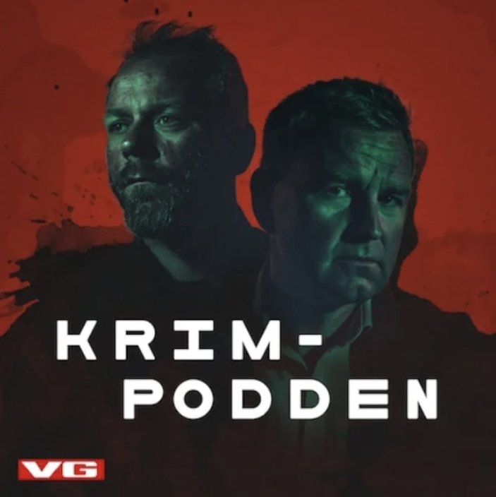 Forsidegrafikk for VGs podkast «Krimpodden», med silhuetter av to personer mot en rød bakgrunn og podkastens tittel i hvit typografi.