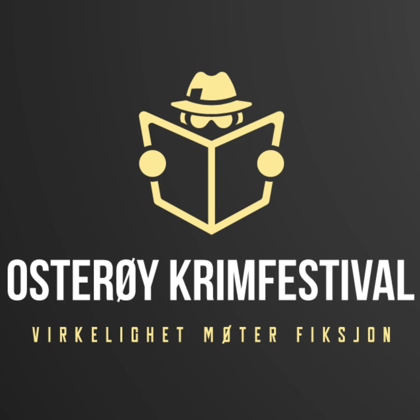 Logo for Osterøy Krimfestival med illustrasjon av en figur som leser en bok og teksten «Osterøy Krimfestival – Virkelighet møter fiksjon» på mørk bakgrunn.