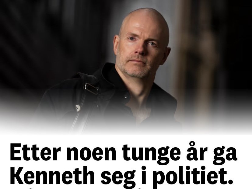 Person fotografert i mørkt miljø med frakk og skulderreim, over teksten «Etter noen tunge år ga Kenneth seg i politiet».