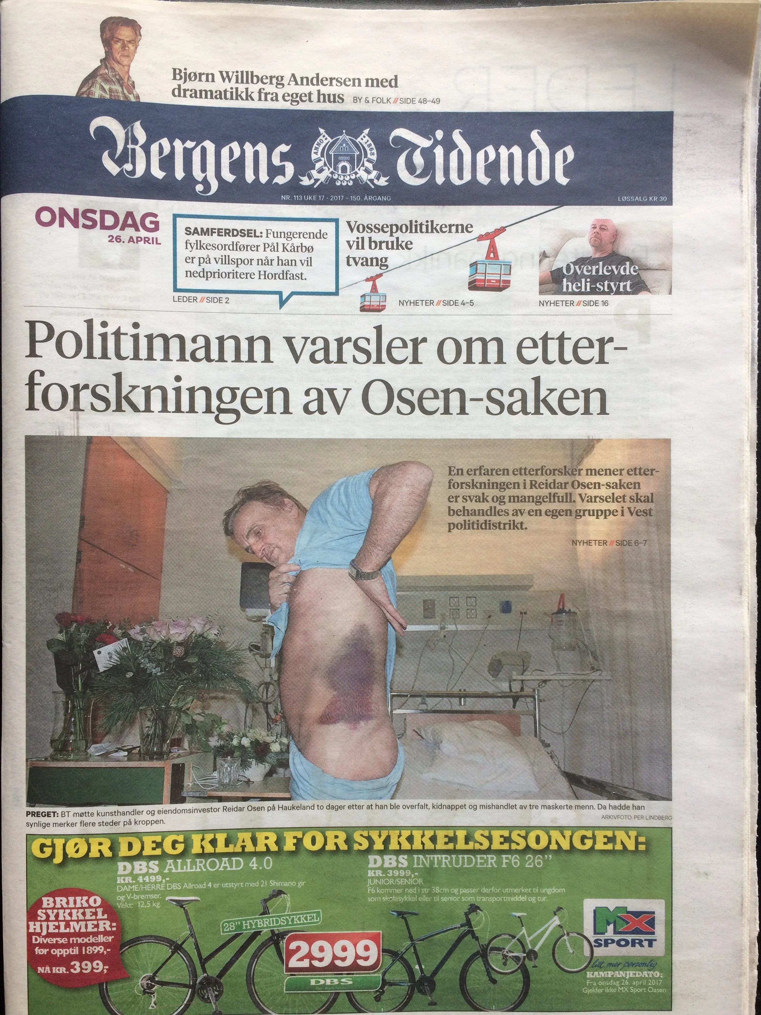 Forsiden av Bergens Tidende med hovedoppslag om varsling i Osen saken. Avisen viser en stor tittel med teksten «Politimann varsler om etterforskningen av Osen saken». Under overskriften er det et bilde av en person som viser store blåmerker.