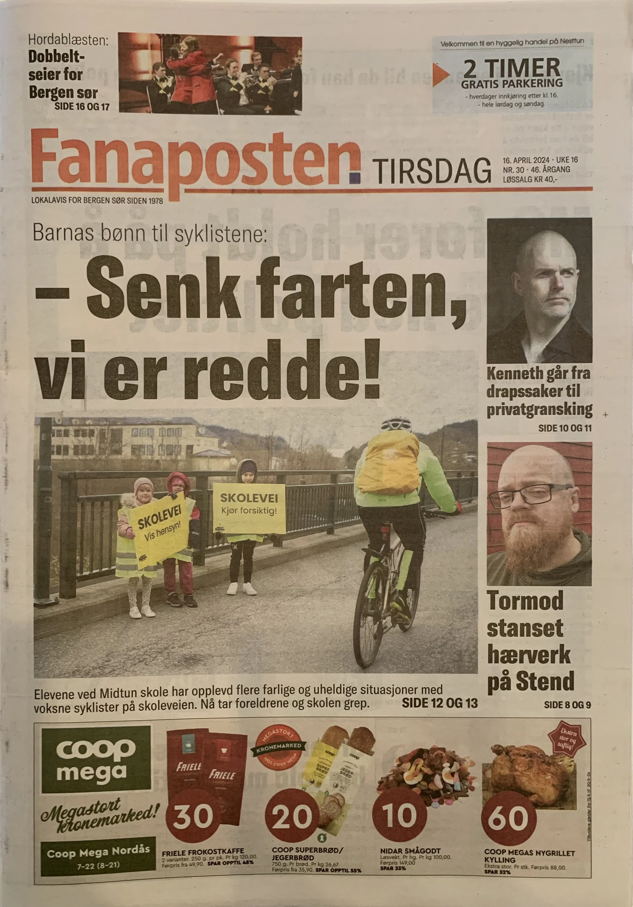 Forsiden av lokalavisen Fanaposten med sak om overgang fra drapsetterforskning til privatgransking.