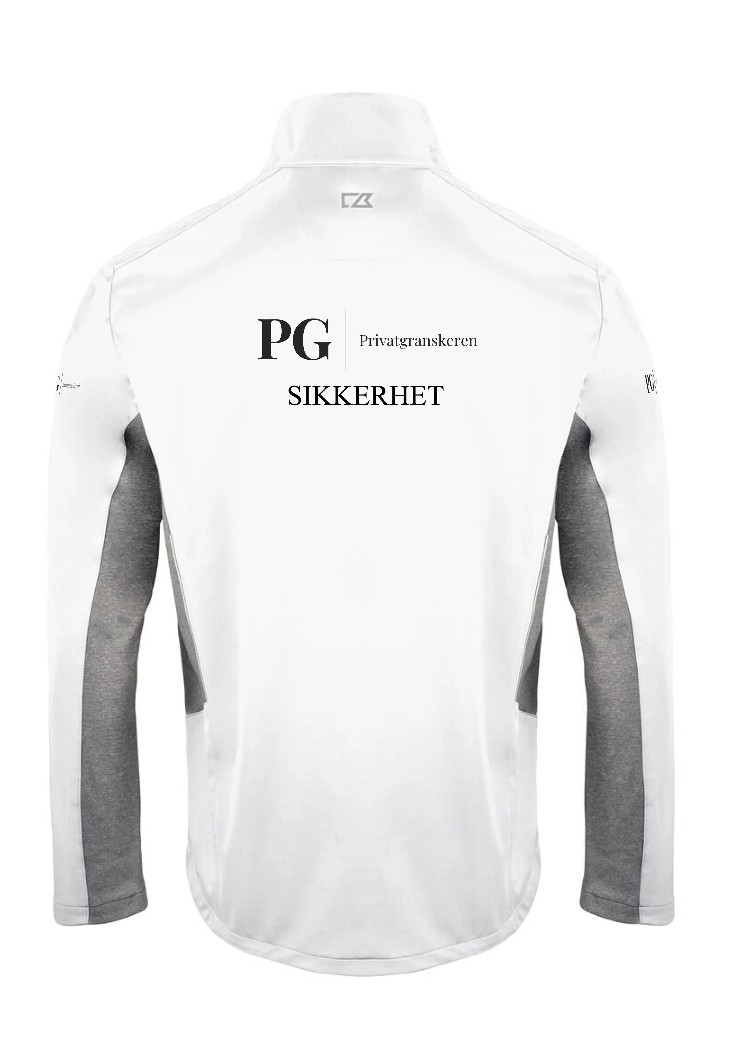 Hvit uniforms jakke bakside med PG logo og teksten «SIKKERHET» fra Privatgranskeren AS, brukt til profesjonelle sikkerhets og vektertjenester.