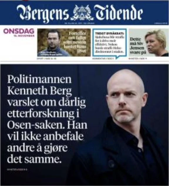 Forside av Bergens Tidende med omtale av politimann Kenneth Berg og Osen saken.
