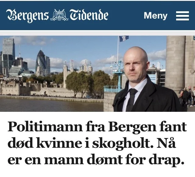 Bergens Tidende artikkel om politimannen Kenneth Berg fra Bergen i forbindelse med en drapssak, med bakgrunnsbilde fra London.