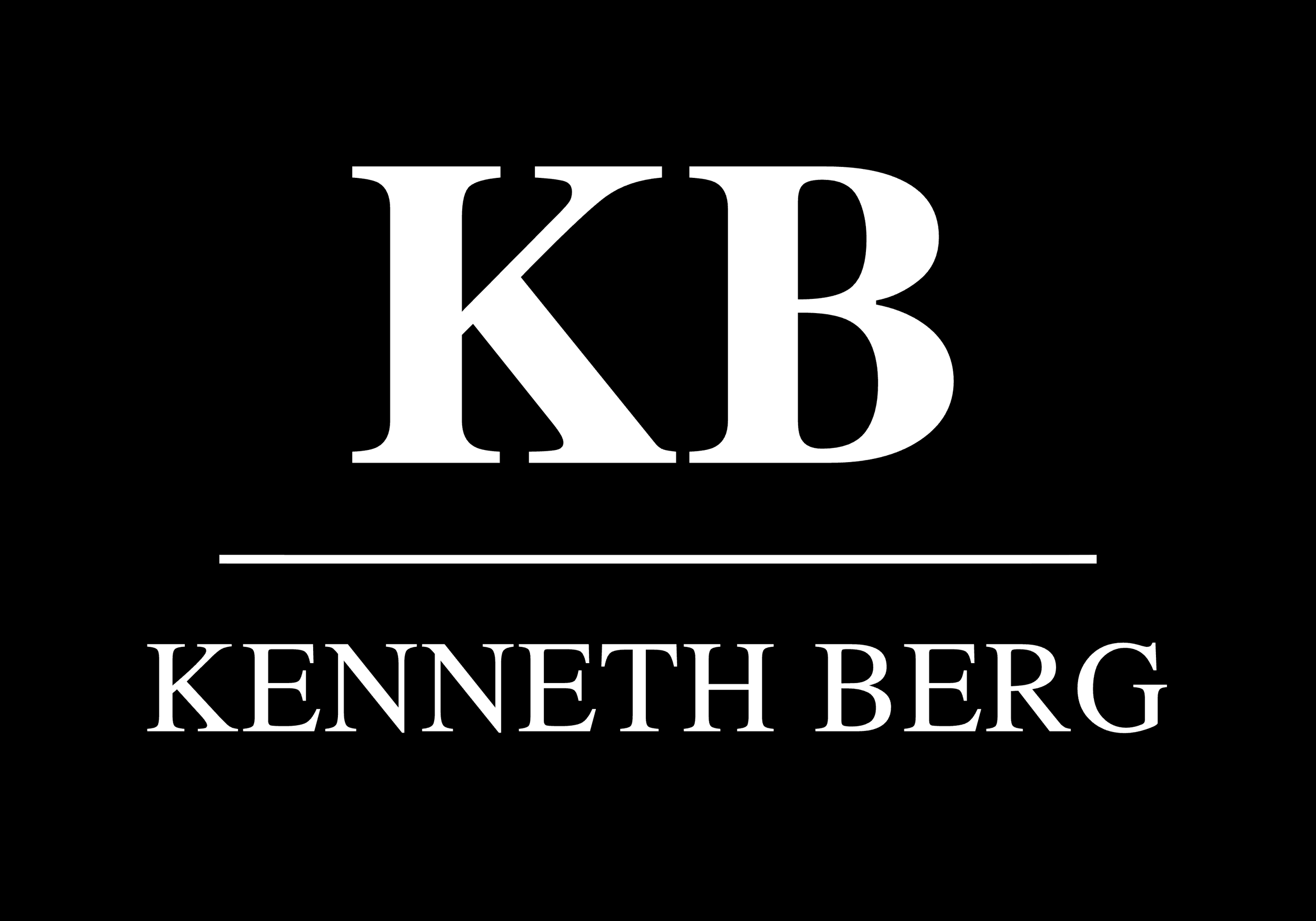 Logo med initialene KB og navnet Kenneth Berg i elegant serif‑typografi, hvit tekst på svart bakgrunn.