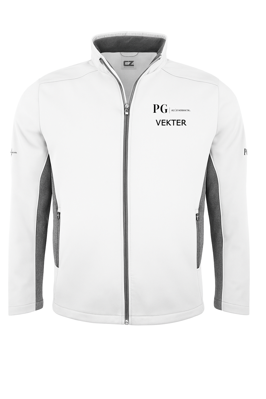 Hvit uniforms jakke framside med PG logo og teksten «VEKTER» fra Privatgranskeren AS, brukt til profesjonelle sikkerhets og vektertjenester.