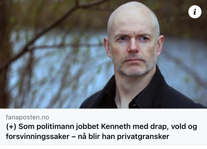 Artikkelutdrag fra Fanaposten med en person i mørke klær fotografert utendørs foran vann og trær. Bildet ledsages av en tittel om tidligere politimann som nå arbeider som privat gransker.