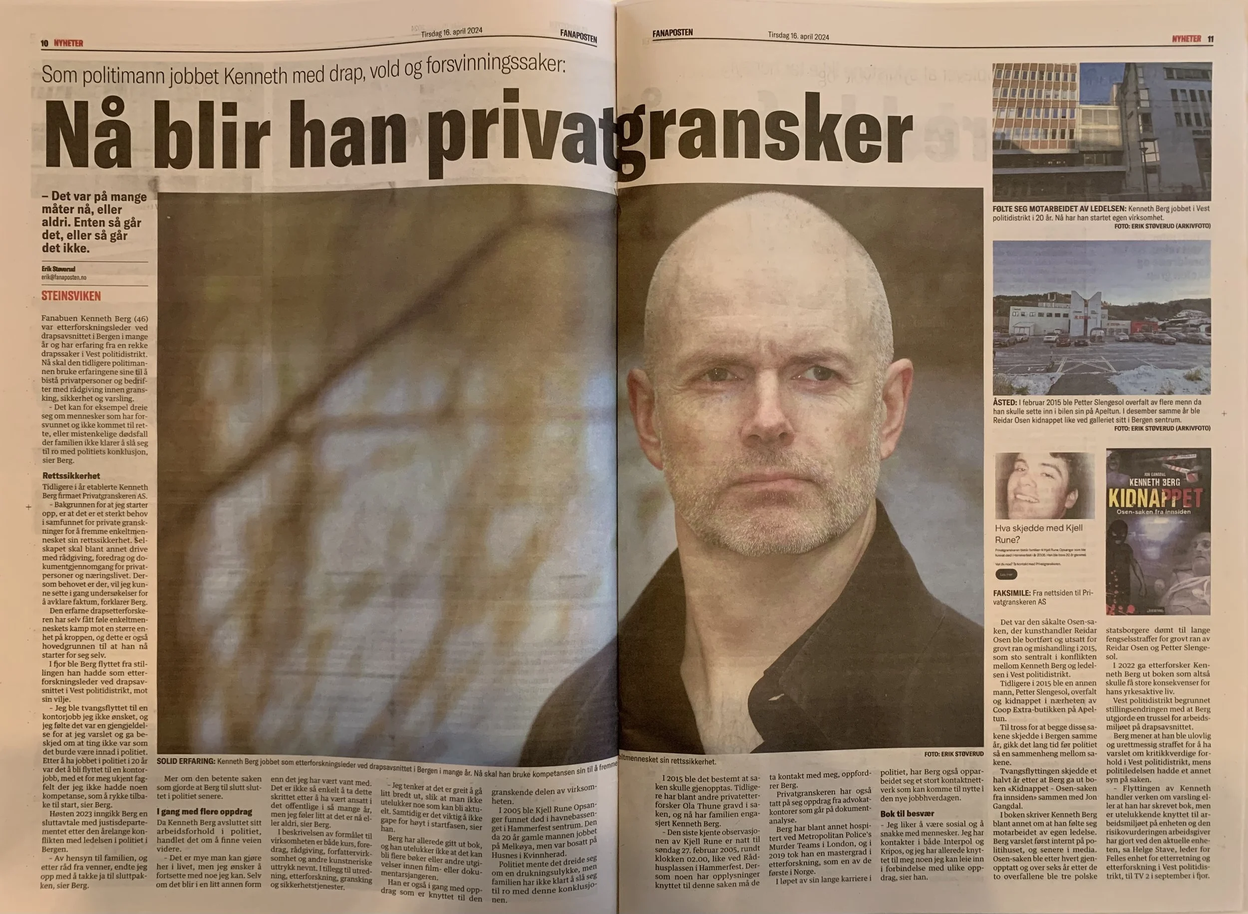 Avisoppslag som omtaler overgangen fra arbeid i politiet til rollen som privatgransker, med stor tittel og bilde samt sideartikler og faktabokser om relaterte tema.