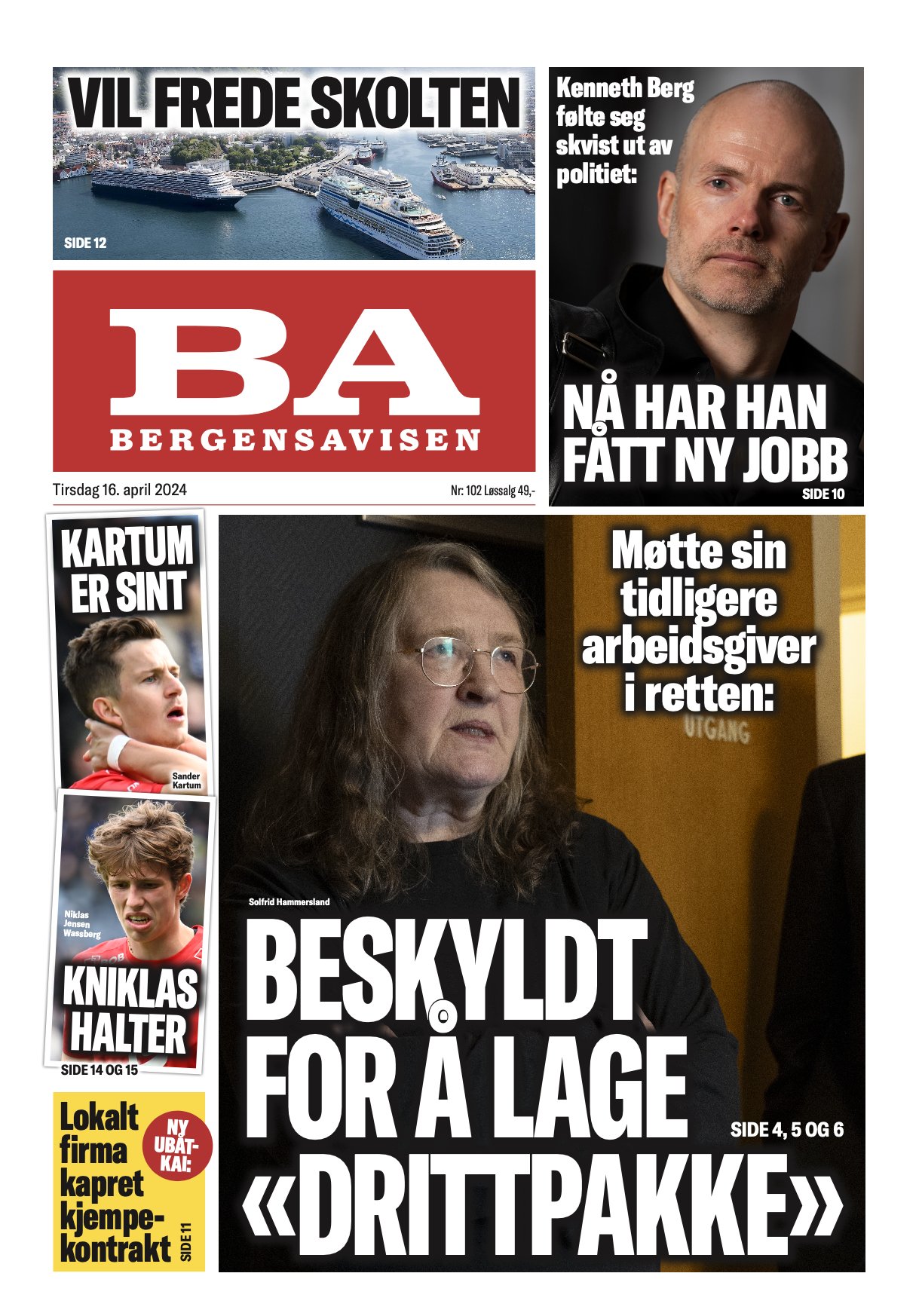 Forside av Bergensavisen med store overskrifter om lokale og nasjonale nyhetssaker. Layouten viser BA logoen og omtale av en person som har fått ny jobb. Forsiden har dato 16. april 2024.