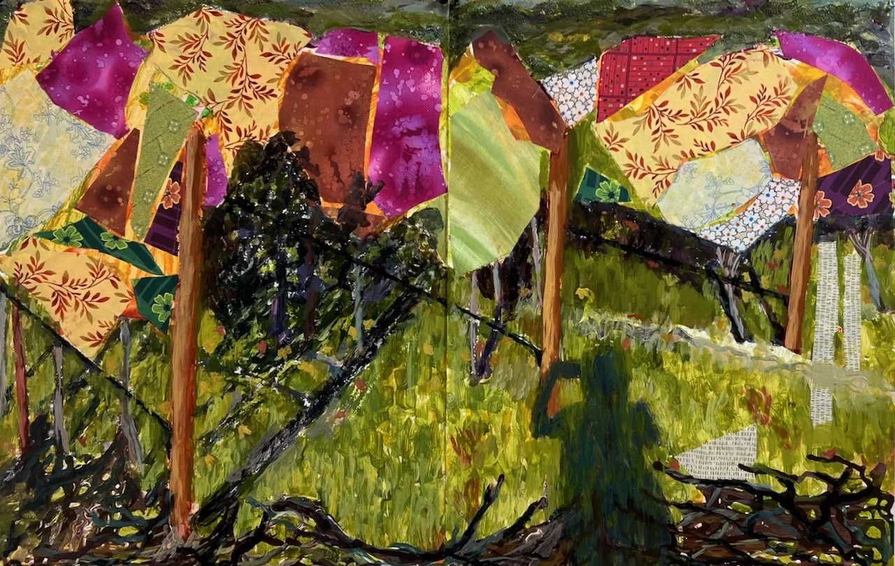 Canopy (diptych), Acrylic, textiles and pumice on Yupo paper, 26 x 44 inches inches