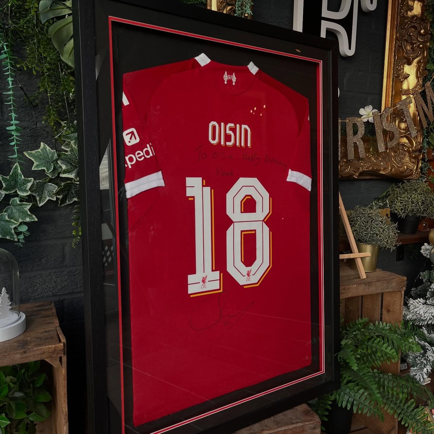 Framed before Christmas, another signed Conor Bradley jersey to add to the collection! 

The cool red and black double mount sets this one off perfectly &hearts;️🖤