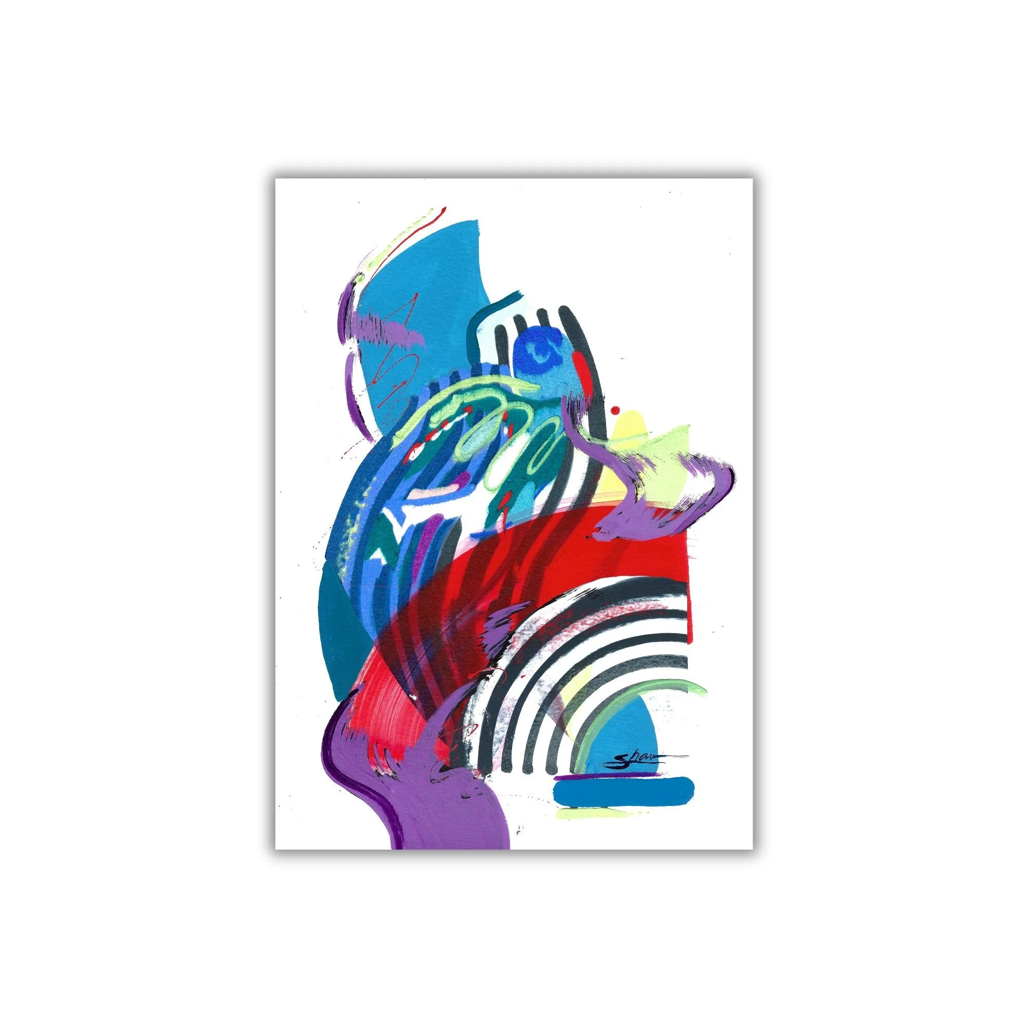 A blue painting with pops of red and other colors. Abstract lines and shapes including stripes and wave like shapes. Painting shown on white background.