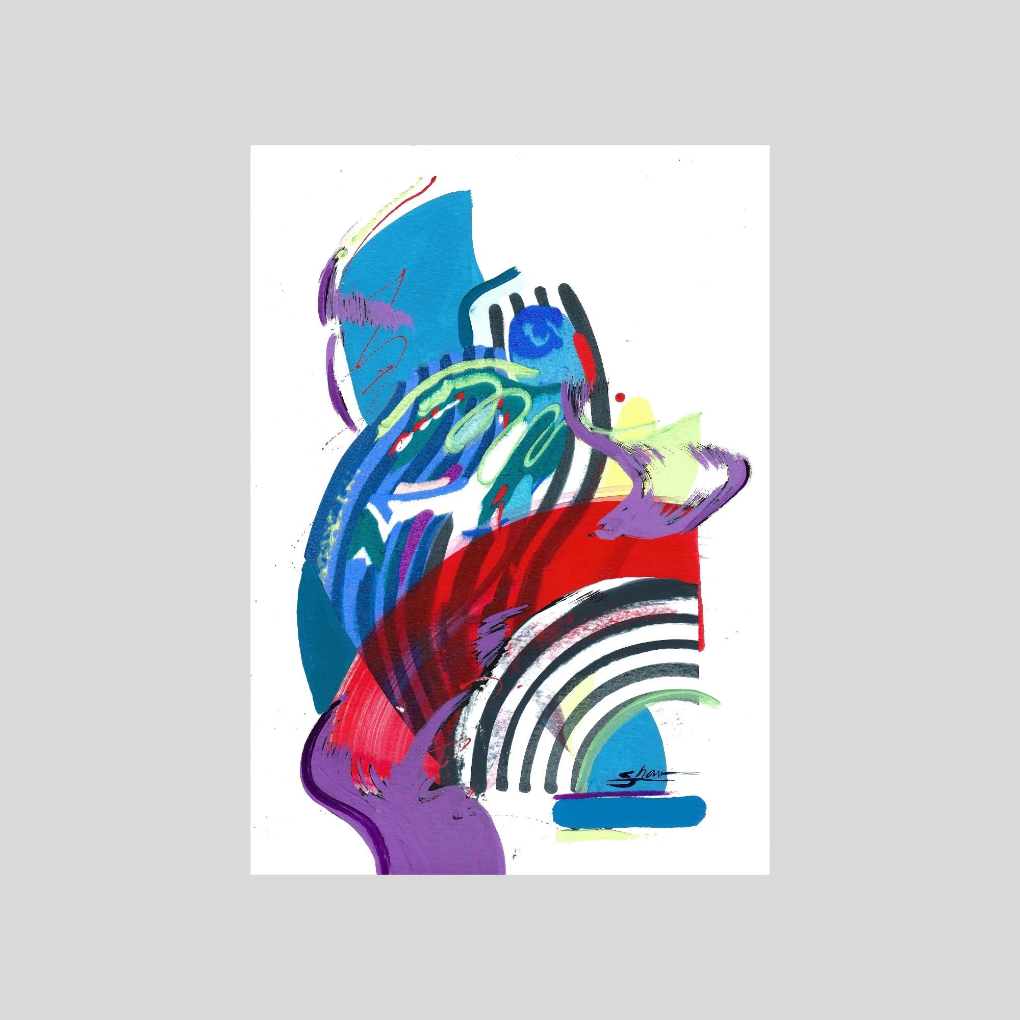 A blue painting with pops of red and other colors. Abstract lines and shapes including stripes and wave like shapes. Painting shown on gray background.