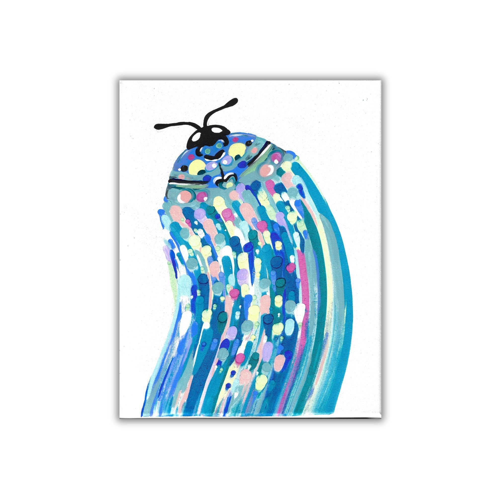 11x14 inch abstract landscape canvas painting with colors like blue, purple and pink. Includes paint dots and lines creating an abstract butterfly or moth like form. Shown on a white background.