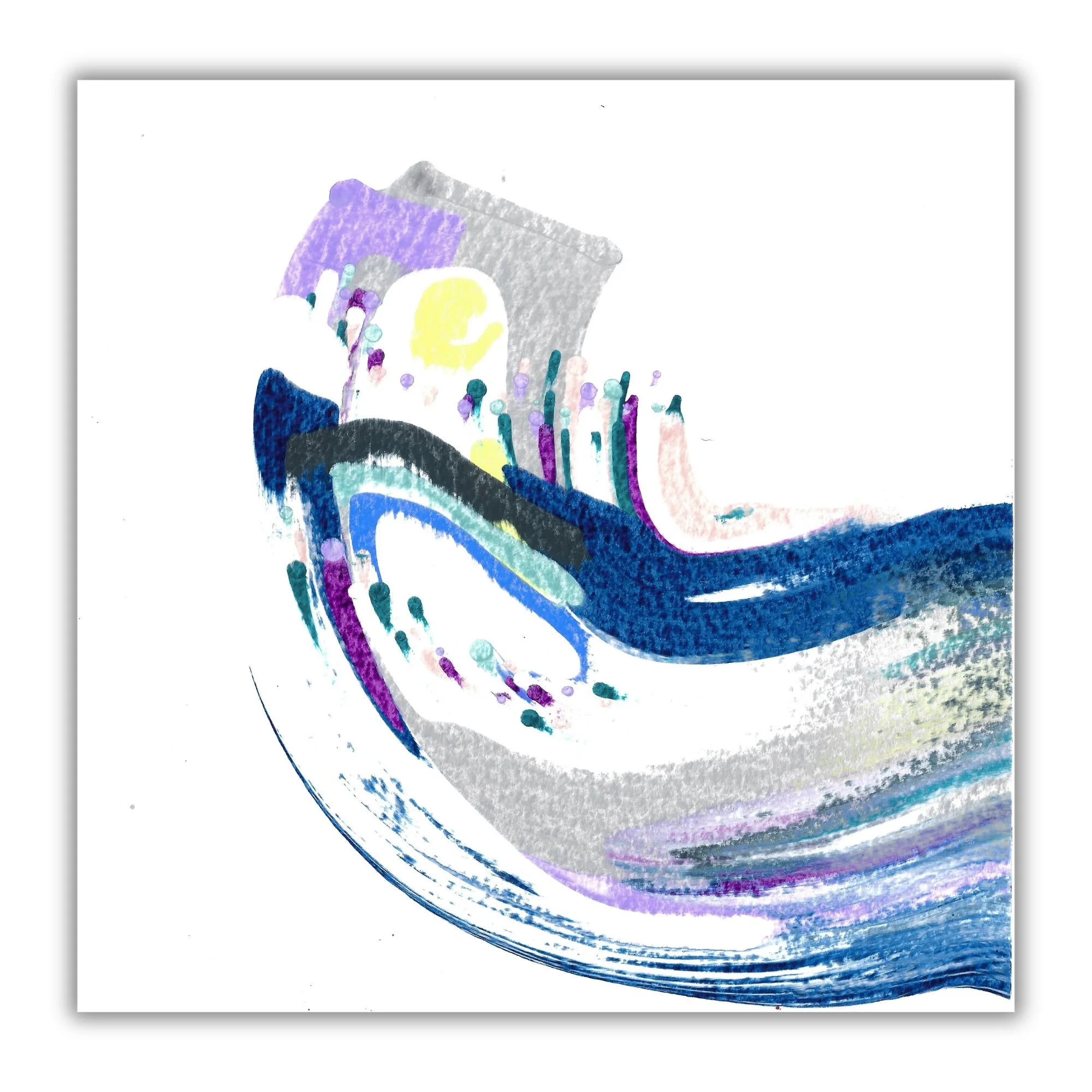Abstract painting with grey free-flowing imagery.