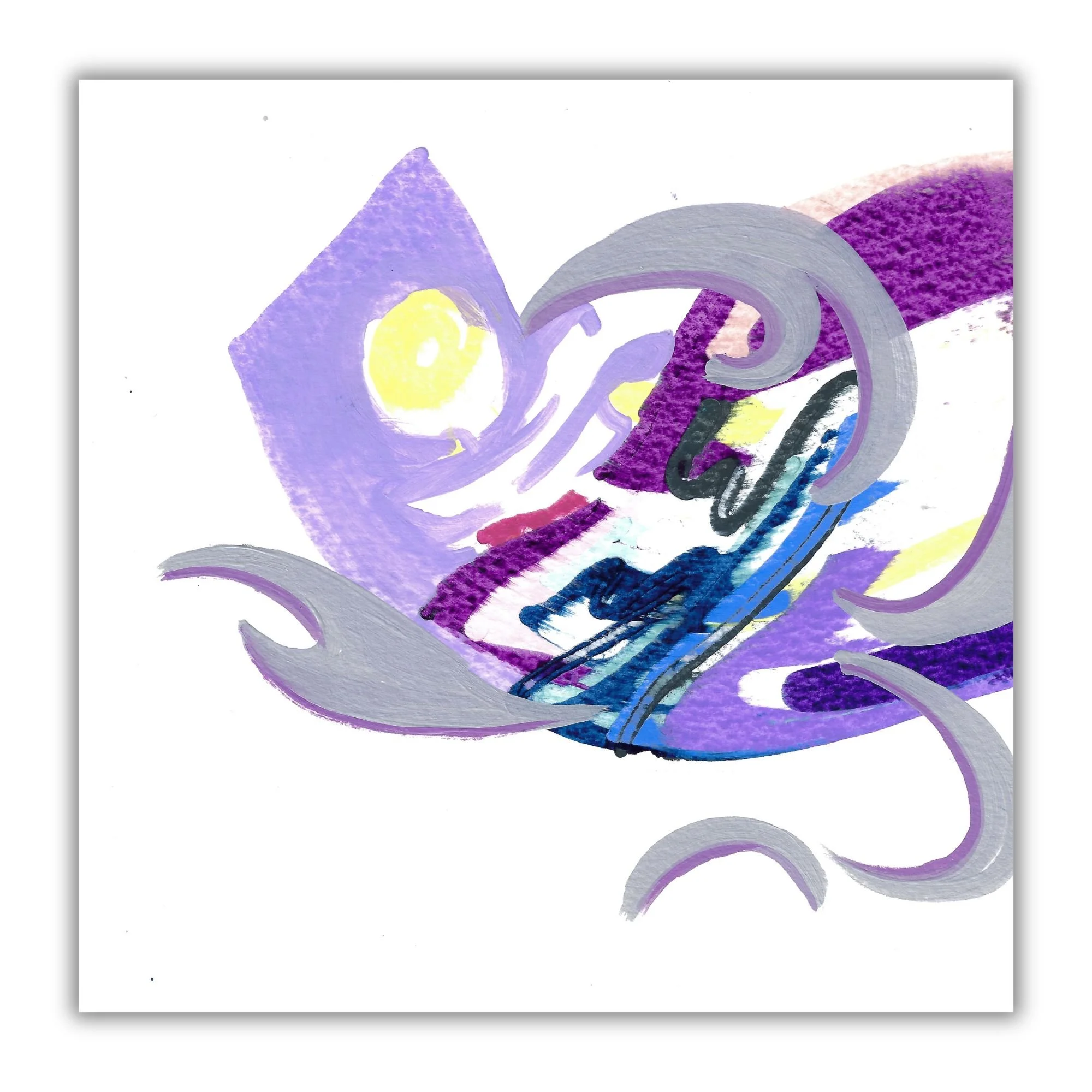 Abstract painting with purple free-flowing imagery.