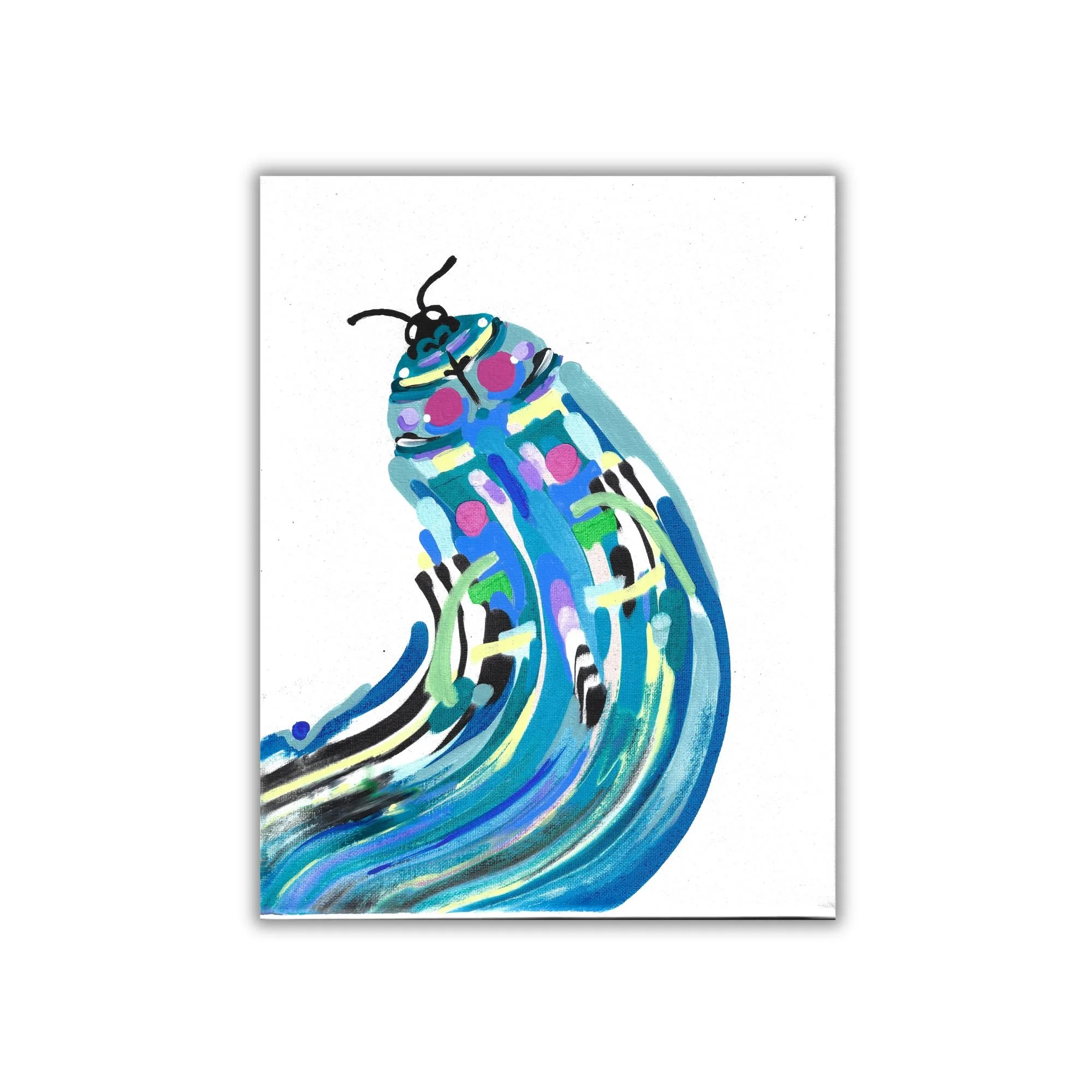 11x14 inch abstract landscape canvas painting with colors like blue, purple and pink. Includes paint dots and lines creating an abstract butterfly or moth like form. Shown on a white background.