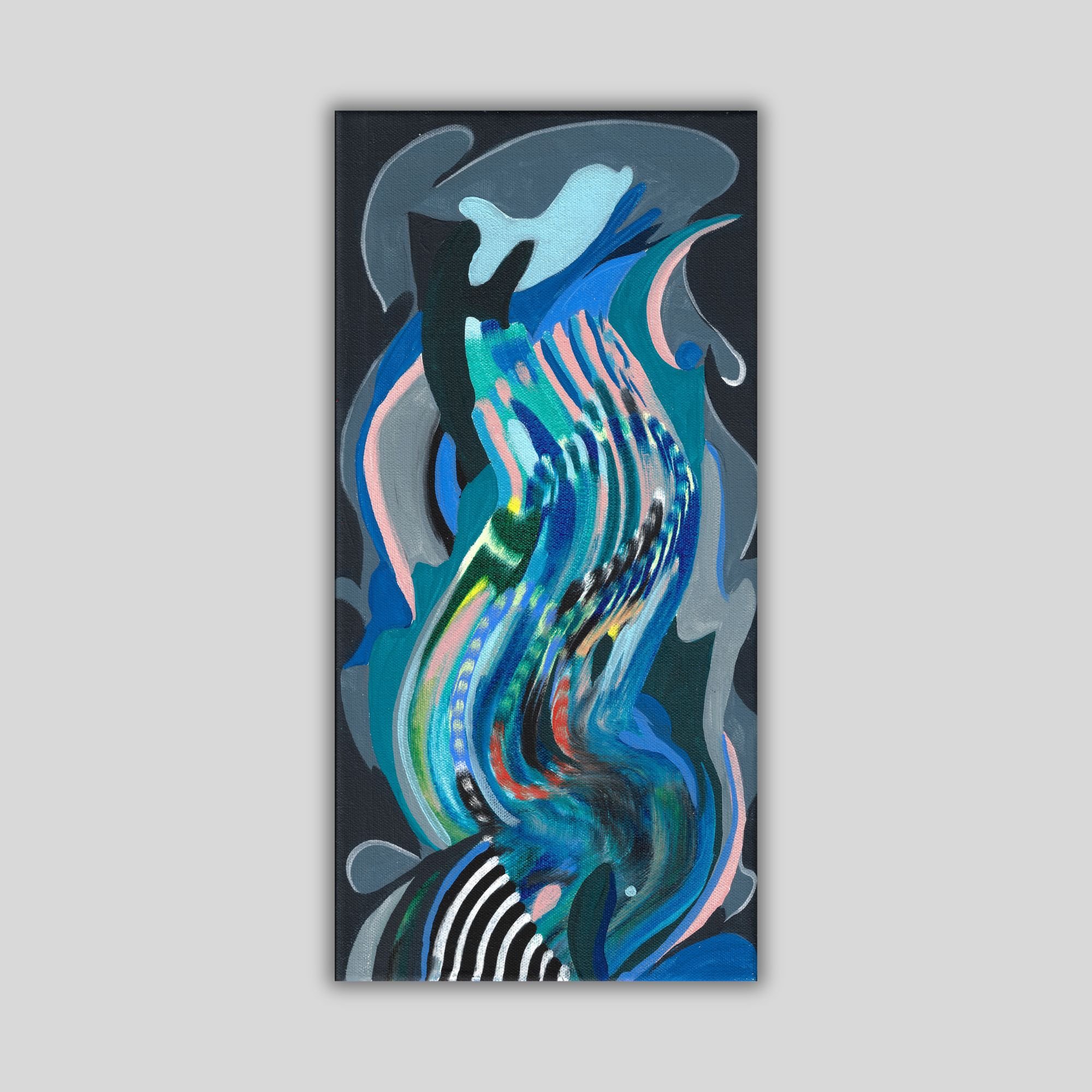 8x16 inch vertical view of an abstract canvas painting with black and gray background, featuring organic lines and dots featuring a fish inspired shape. Canvas shown on a grey background.