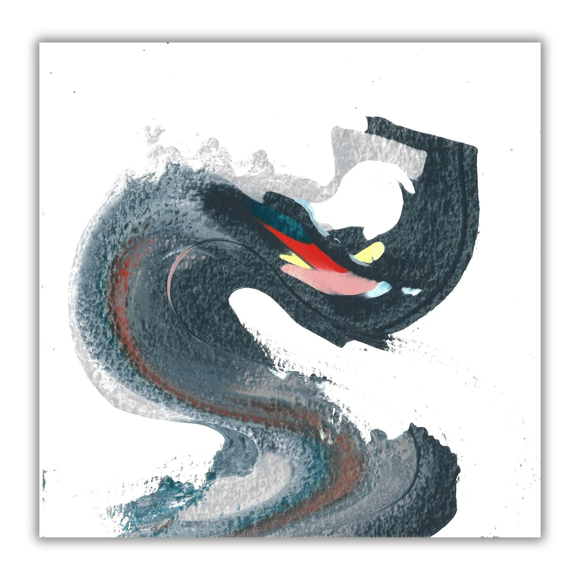 An abstract dark blue and light blue painting displayed on a white background.