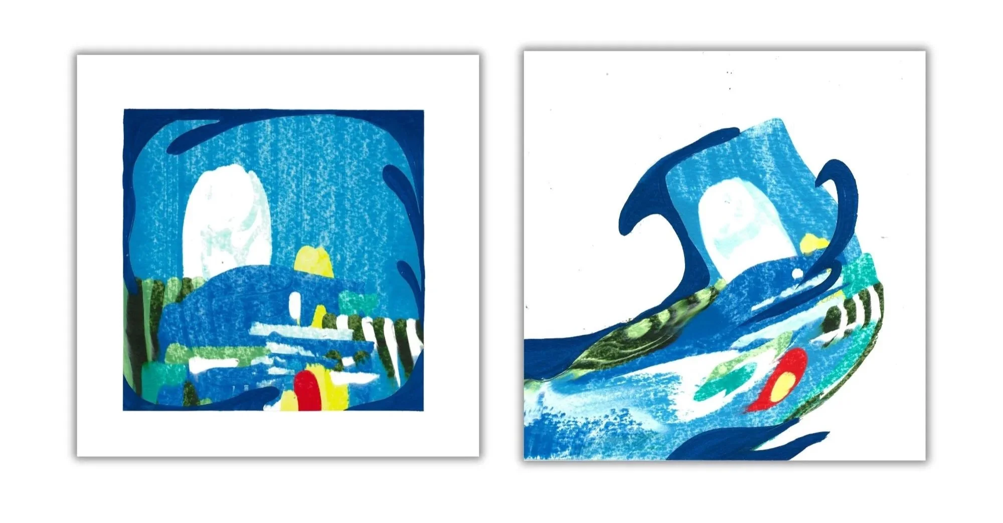 Two blue abstract square artworks. One features a white border and while the other features a wave like shape on a white background.