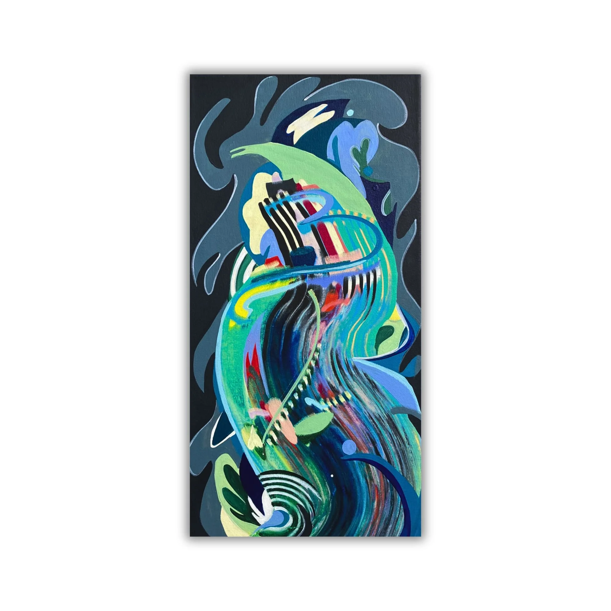 12x24 inch vertical view of an abstract canvas painting with black and gray background, featuring organic lines and flower-inspired shapes.