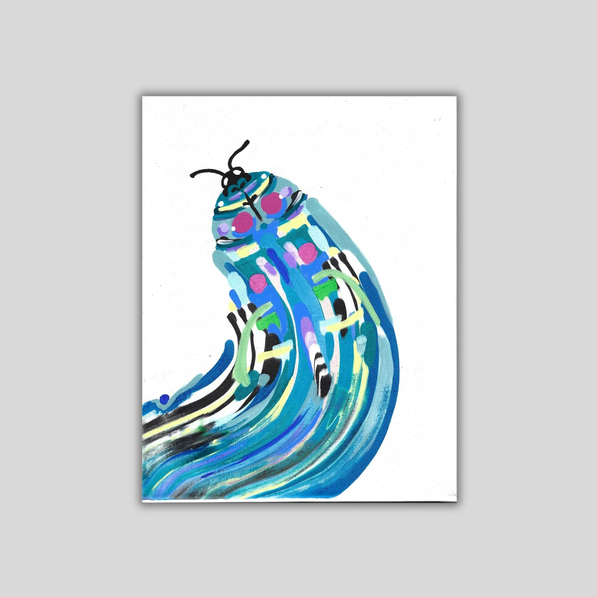 11x14 inch abstract landscape canvas painting with colors like blue, purple and pink. Includes paint dots and lines creating an abstract butterfly or moth like form. Shown on a gray  background.