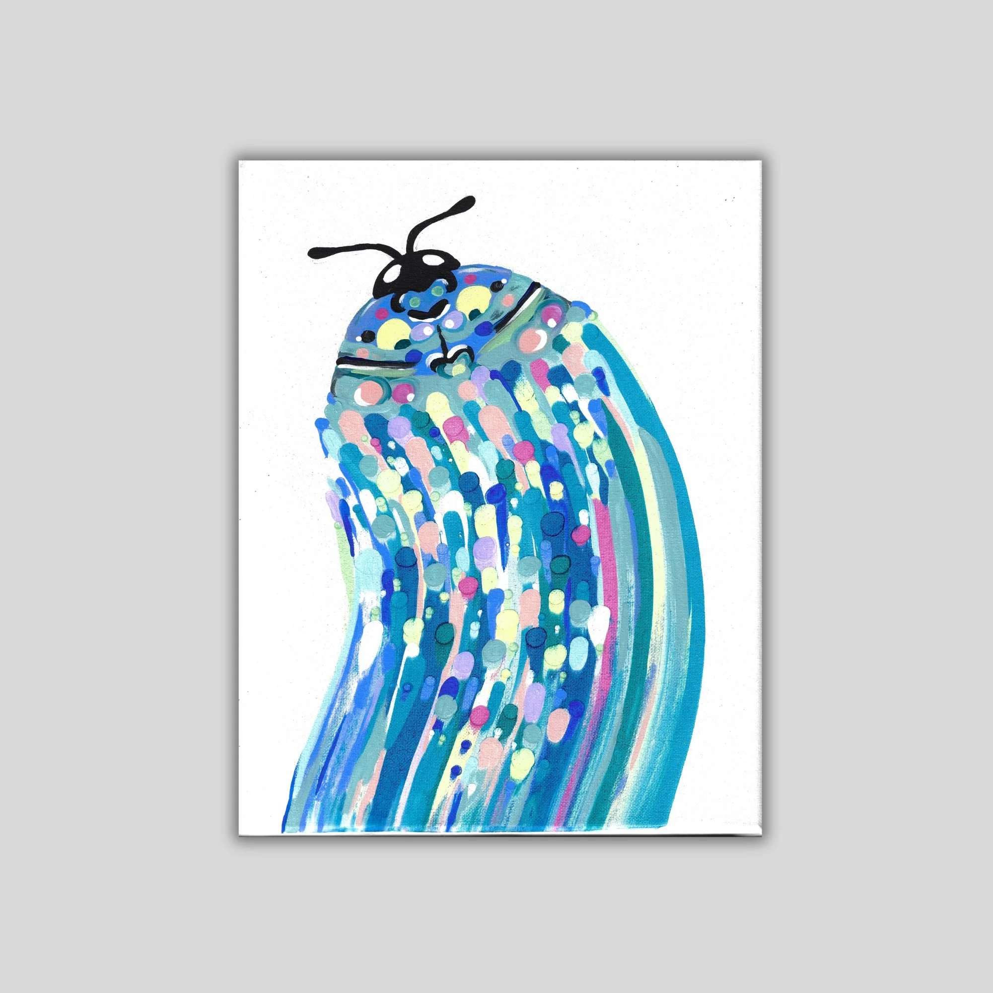 11x14 inch abstract landscape canvas painting with colors like blue, purple and pink. Includes paint dots and lines creating an abstract butterfly or moth like form. Shown on a gray background.
