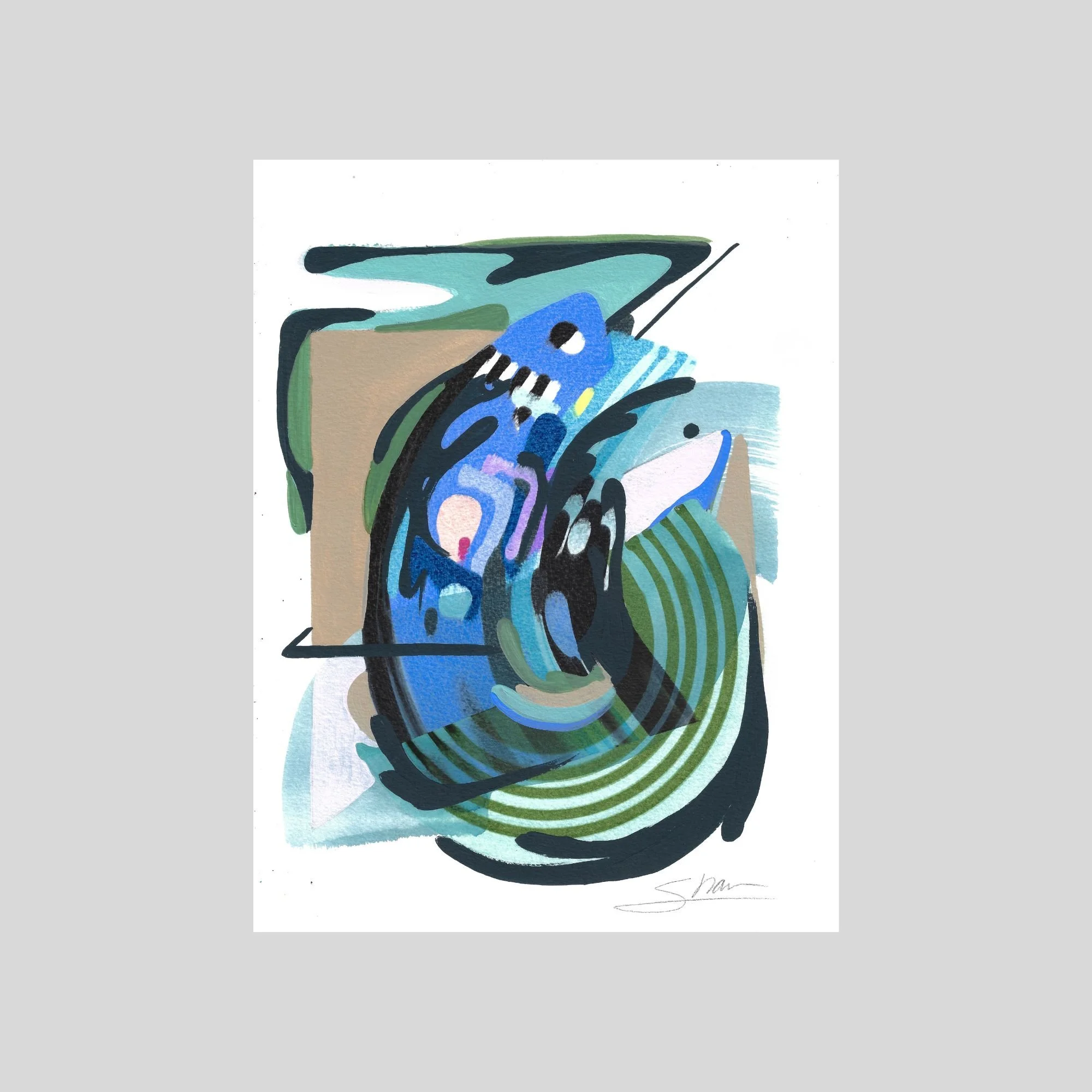 A green and blue painting with pops of brown. Abstract lines and shapes including circles, triangles and stripes. Artwork displayed on a grey background