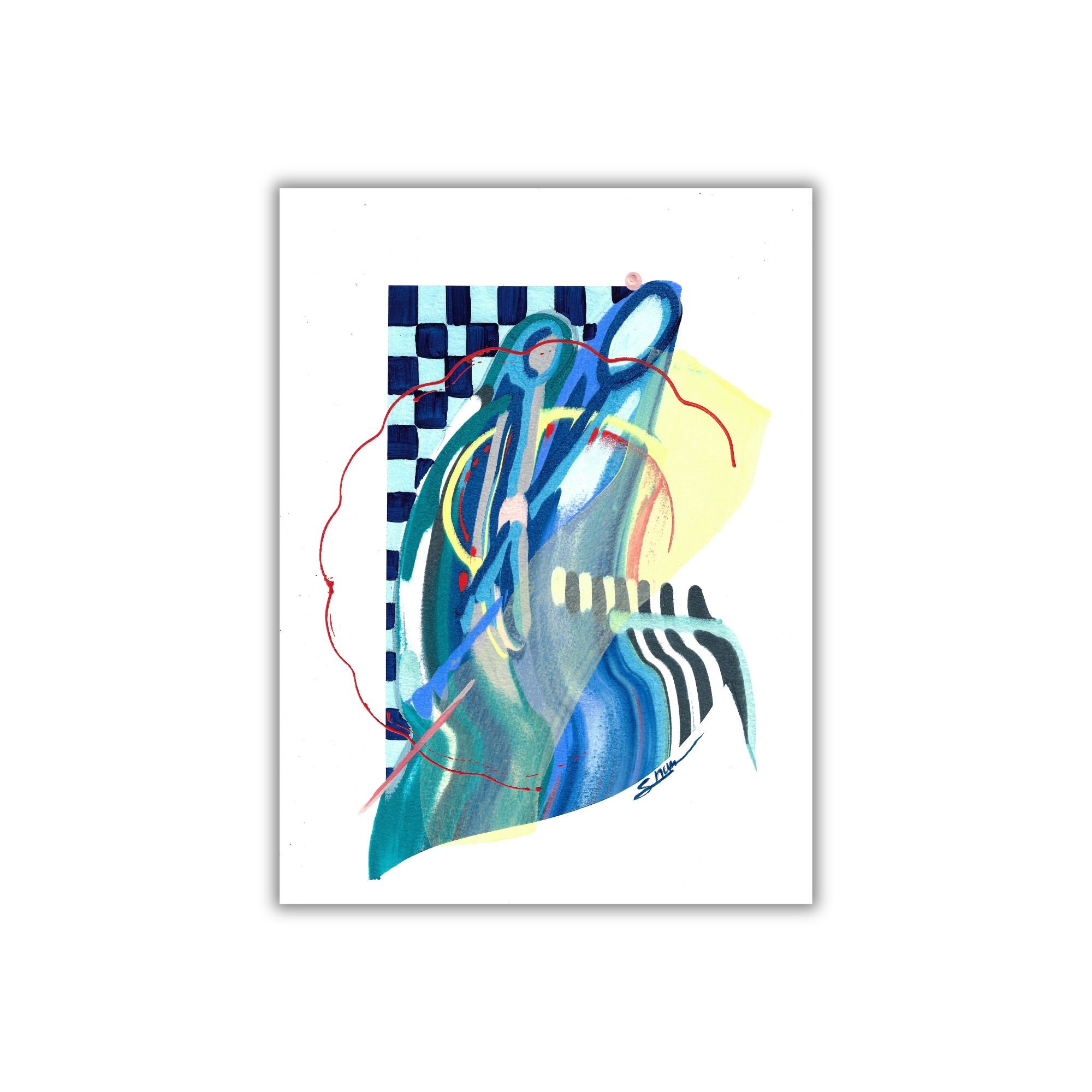 A blue painting with pops of yellow and other colors. Abstract lines and shapes including stripes and checkered patterns. Painting is shown on white background.