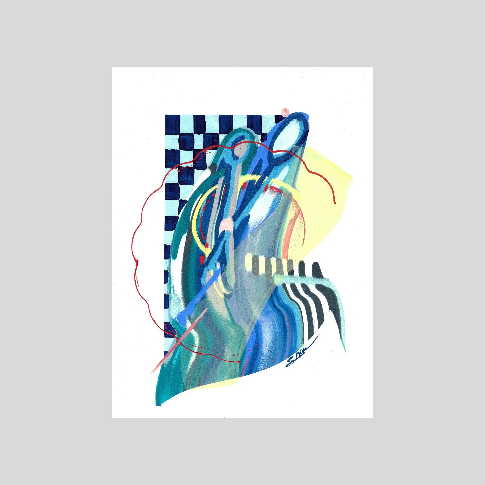 A blue painting with pops of yellow and other colors. Abstract lines and shapes including stripes and checkered patterns. Painting is shown on gray background.