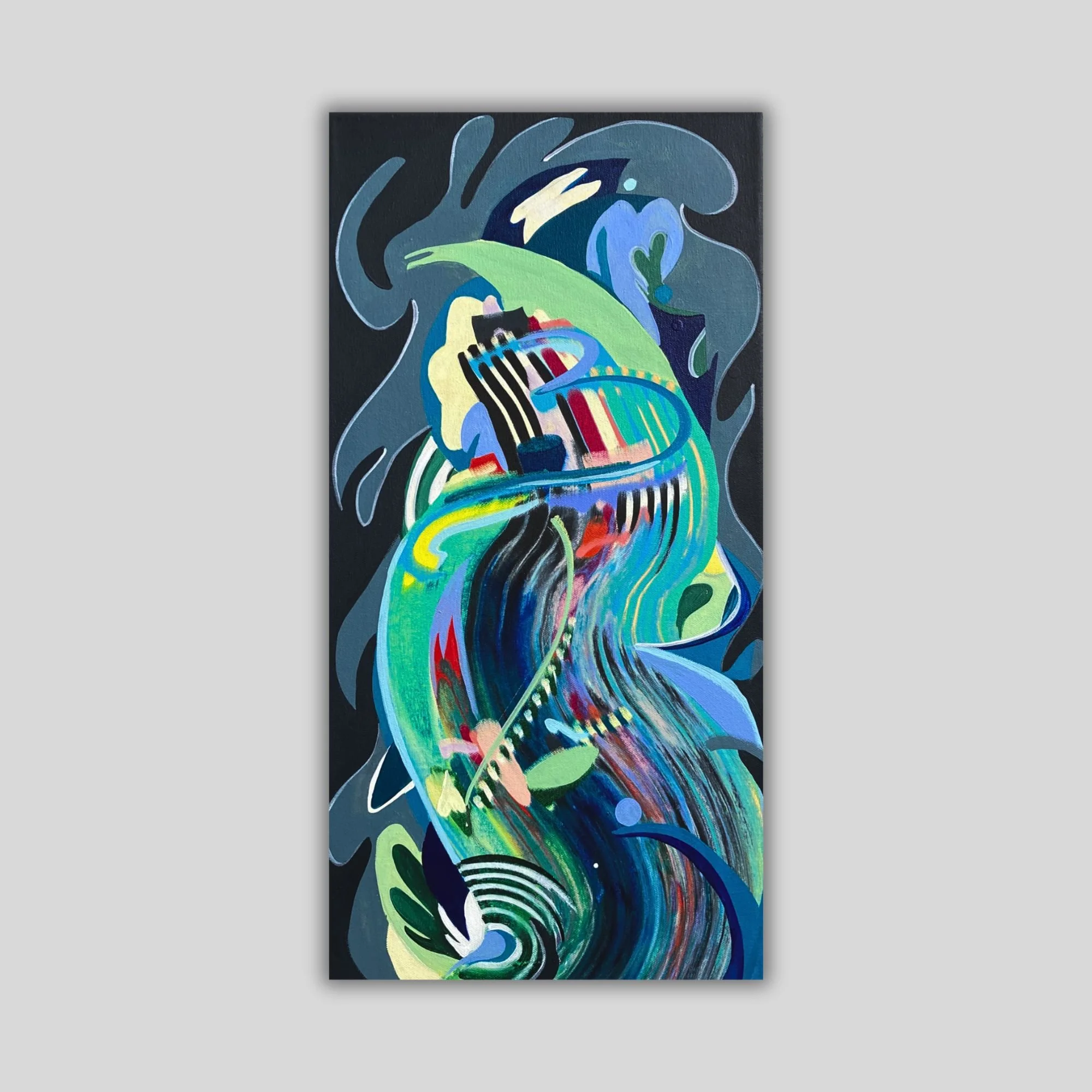 12x24 inch vertical view of an abstract canvas painting with black and gray background, featuring organic lines and flower-inspired shapes. Canvas is shown on a grey background.