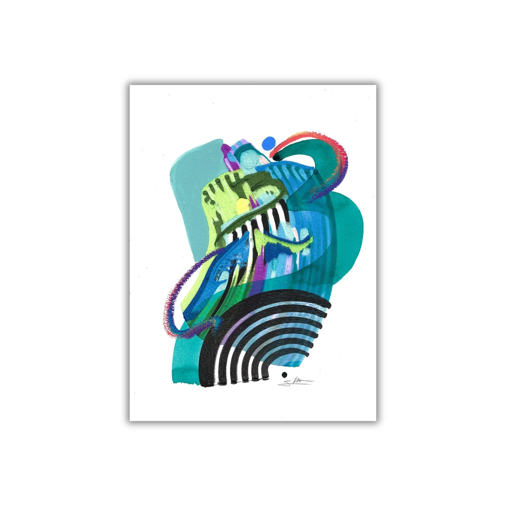 A blue painting with pops of green and other colors. Abstract lines and shapes including stripes and wave like shapes. Painting shown on white background.