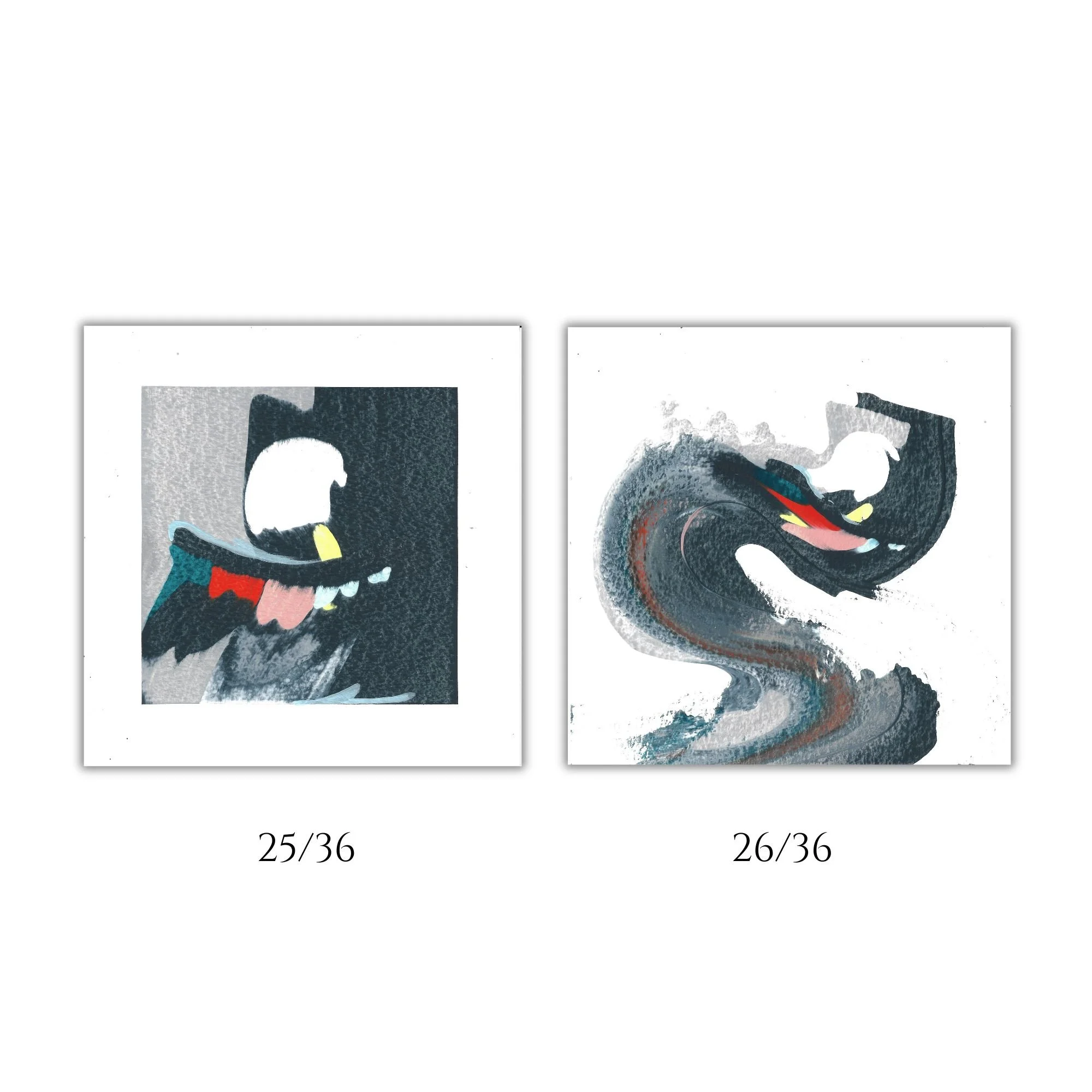 Pair of abstract dark blue and light blue paintings displayed on a white background