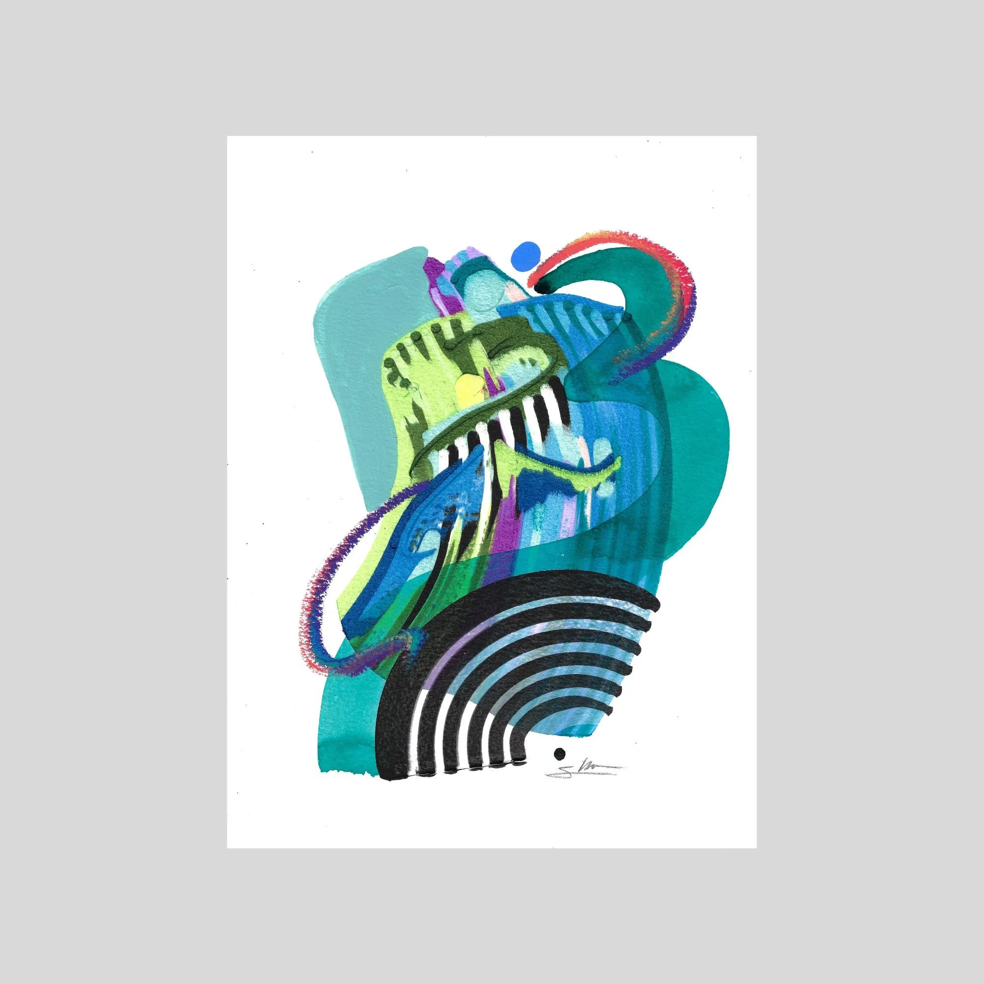 A blue painting with pops of green and other colors. Abstract lines and shapes including stripes and wave like shapes. Painting shown on gray background.