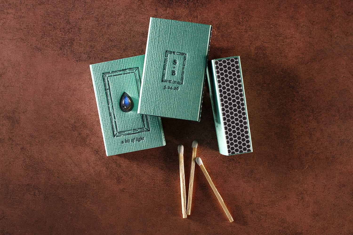 Custom wedding matchboxes featuring textured mint paper, letterpress printing, a labradorite gemstone detail, and personalized wedding favor packaging.