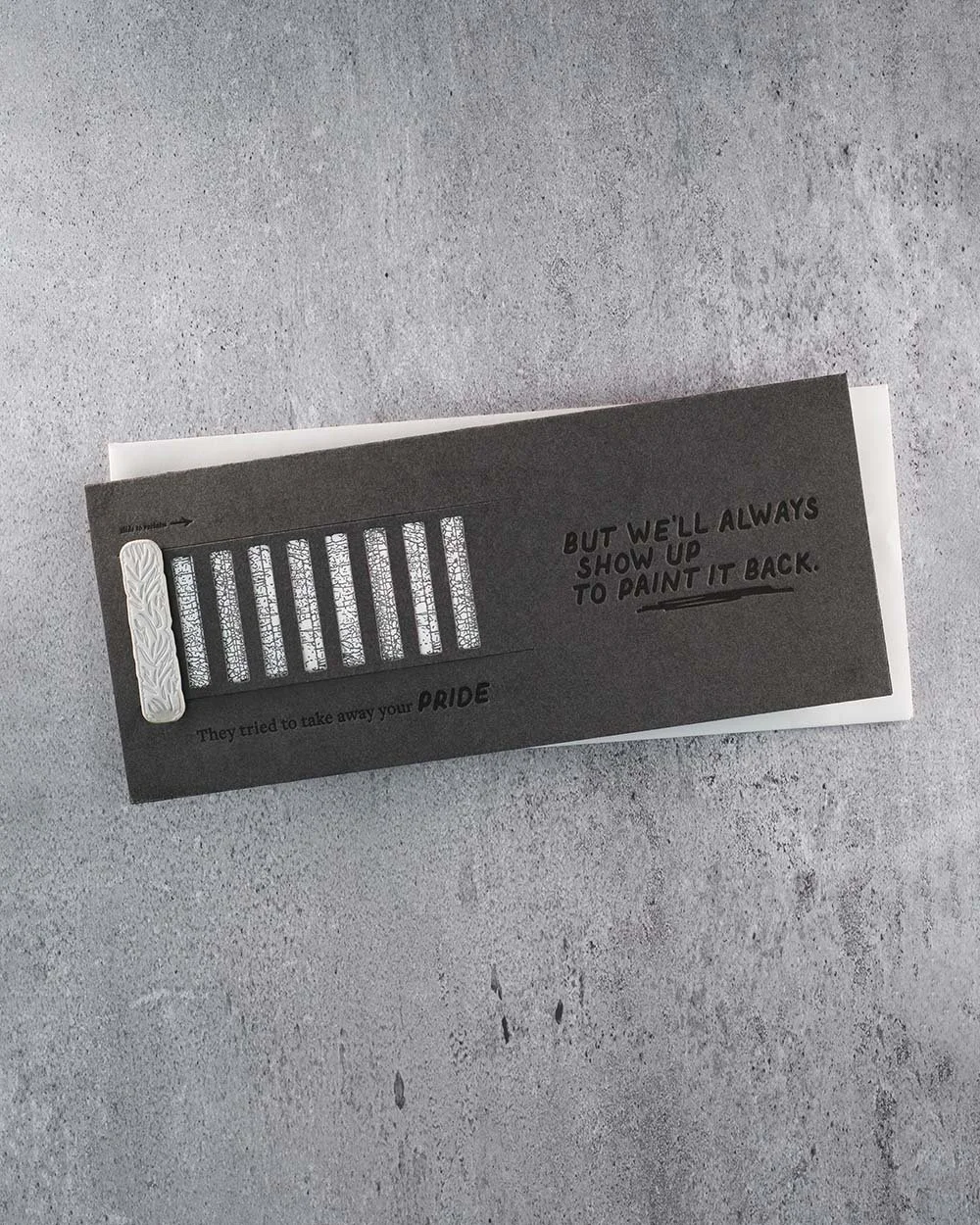 Interactive Pride Ally Card with pull-tab paint roller mechanism designed to reveal the Progress Pride Flag.