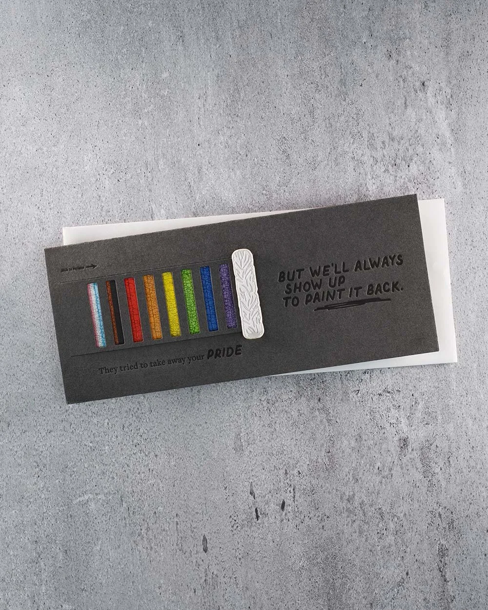 Pride Ally Card with the Progress Pride Flag fully revealed through an interactive pull-tab paint roller design.