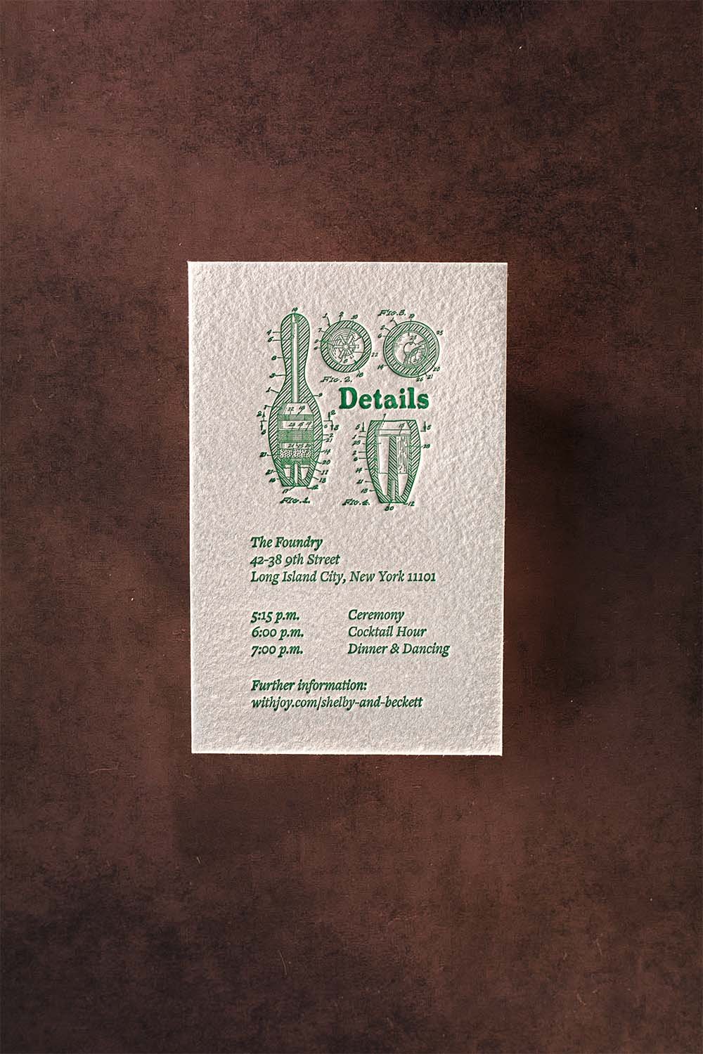 Green letterpress wedding details card featuring vintage-inspired technical illustrations and event information.