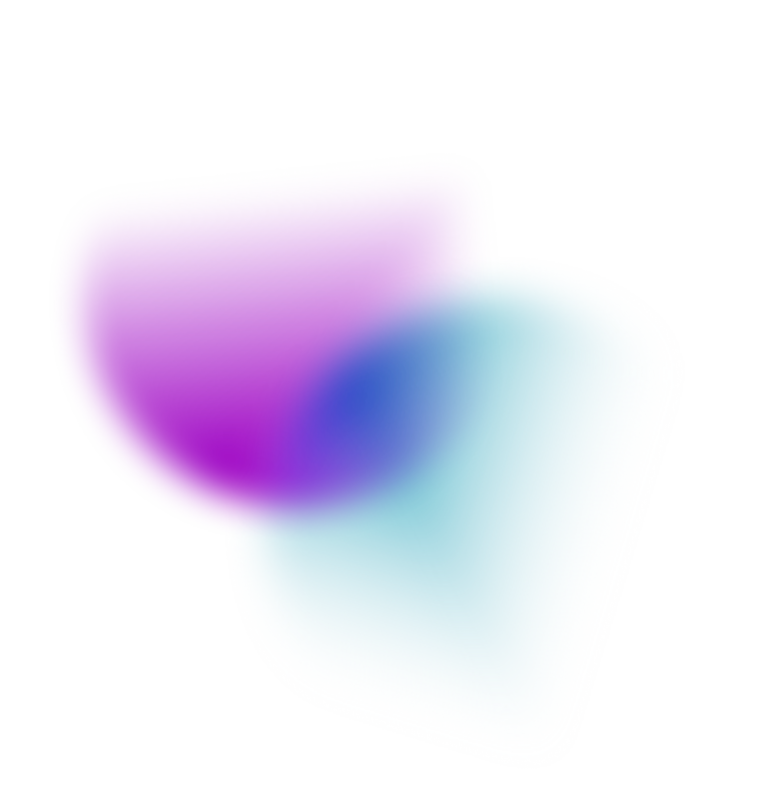 Abstract 3D geometric shape with overlapping semi-transparent square and half-sphere in gradient colors of purple, cyan, and blue.