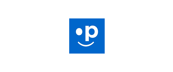 Blue square with a white lowercase p and a smiling face underneath, forming a friendly face logo.