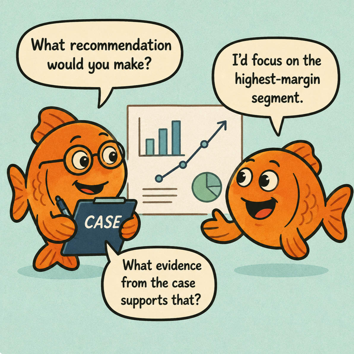 Two cartoon goldfish discussing data analysis with a presentation chart in the background. One fish asks for a recommendation, and the other suggests focusing on the highest-margin segment based on evidence from a case.