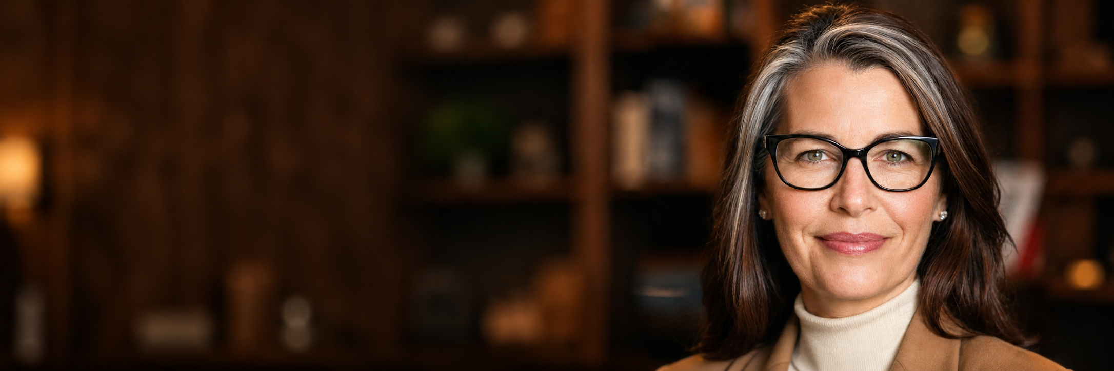 Close-up of a middle-aged woman with dark brown hair, wearing glasses and a beige blazer, smiling indoors with a blurred wooden bookshelf in the background.